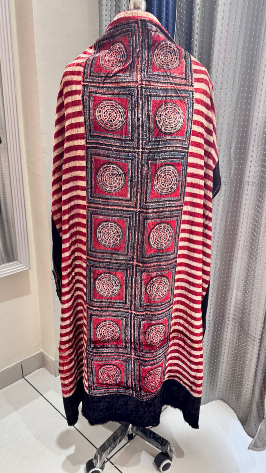 Red Stripes Buta Velvet Fabric Ajrakh Hand Block Print Designer Unstitched Fabric (Kurta Only)