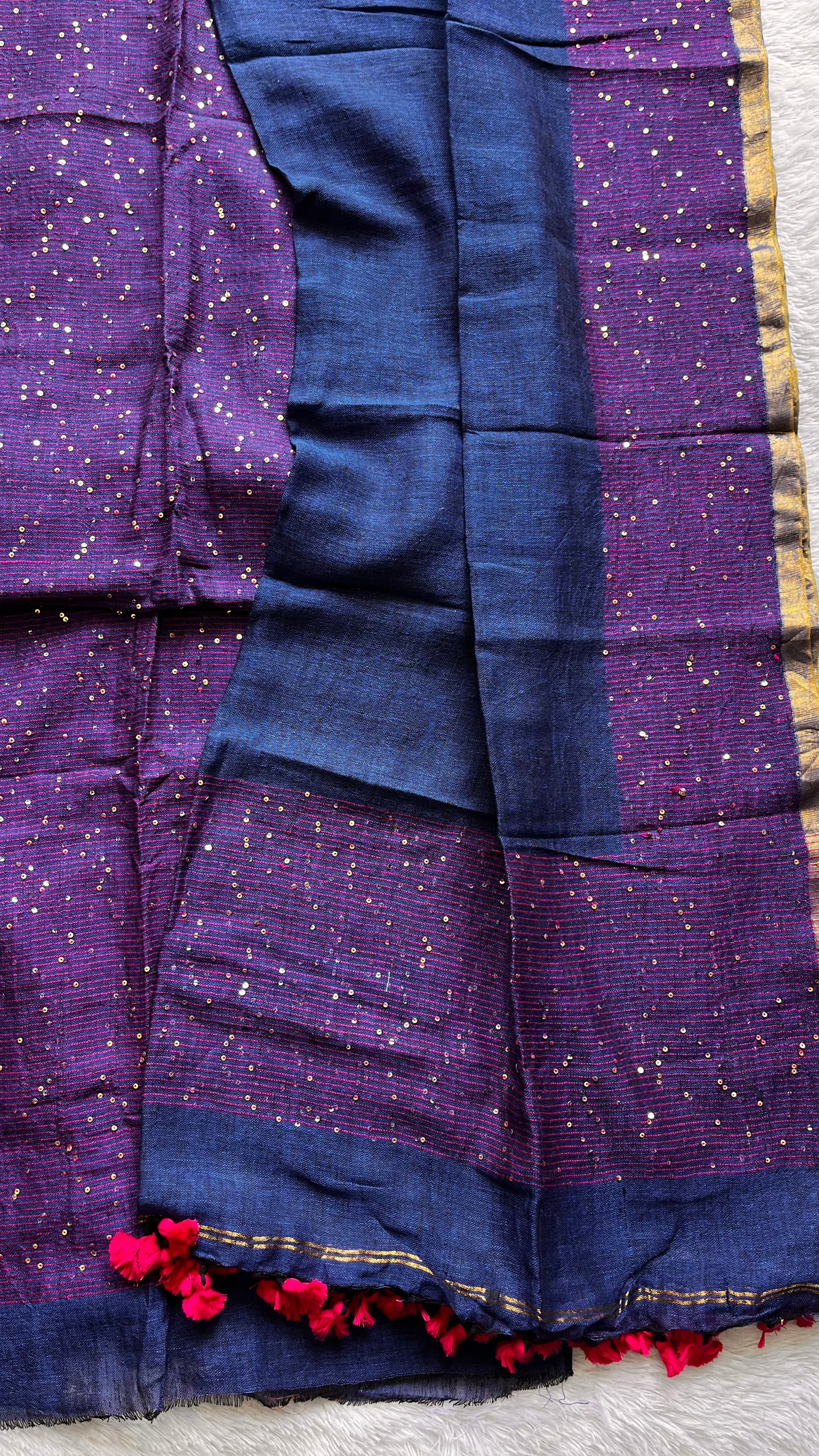 Morpankhi Pure Linen on Linen Hand Woven Suit Set with Sequins Work and Tassels