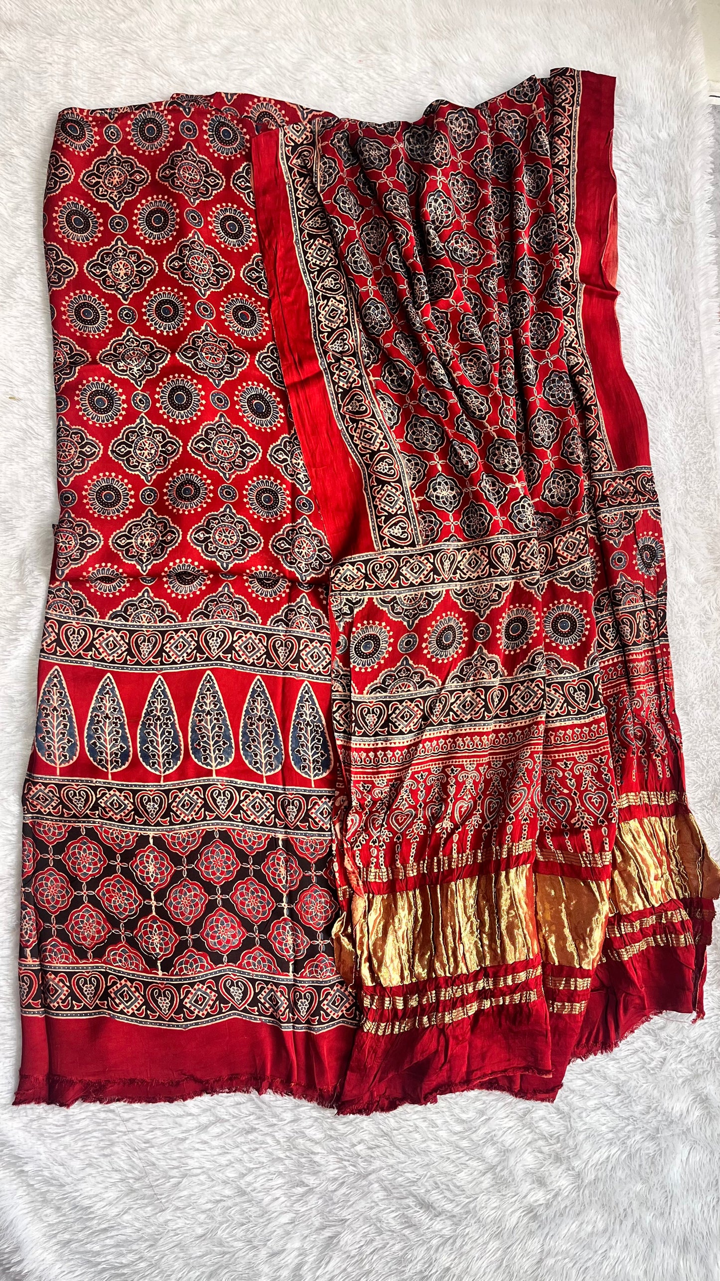 Red Jaal Buta Print Modal Silk Ajrakh Natural Dyed Hand Block Suit Set with Lagdi Patti Dupatta