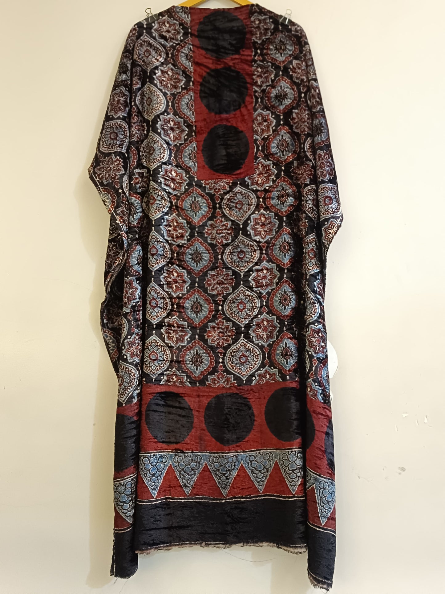 Black and Red Badaam Buta Velvet Fabric Ajrakh Hand Block Print Designer Unstitched Fabric (Kurta Only)