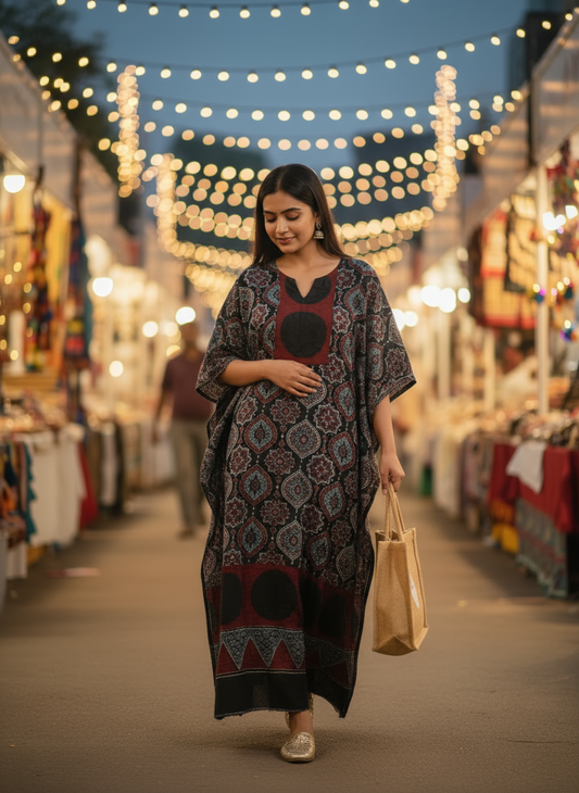 Black and Red Badaam Buta Velvet Fabric Ajrakh Hand Block Print Designer Unstitched Fabric (Kurta Only)