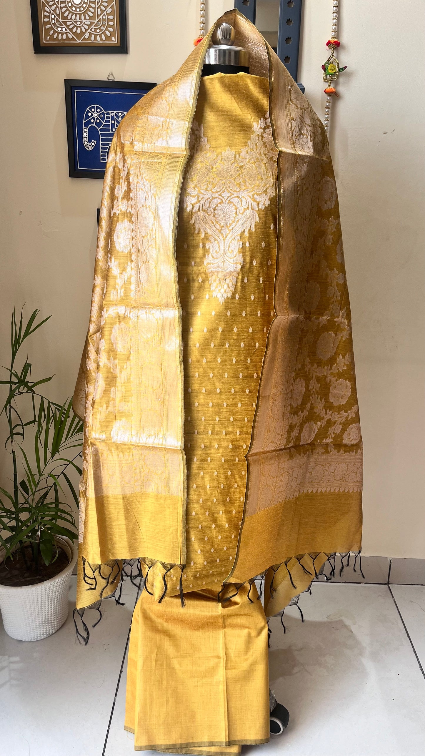 Golden Hour Yellow Shade Banarasi Silk Cotton 3-Piece Suit with Banarasi Woven Yoke & Dupatta