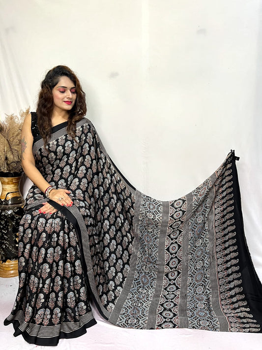 Black Mugal Booti Ajrakh Hand Block Natural Dye Modal Silk Saree With Blouse