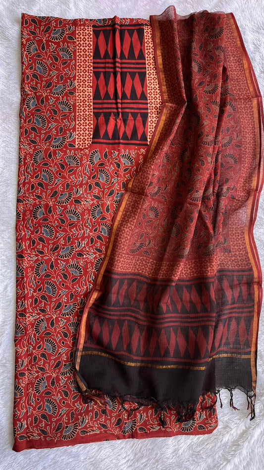 Maddar Red Pure Cotton Ajrakh Unstitched Suit Set with Ajrakh Kota Doria Dupatta