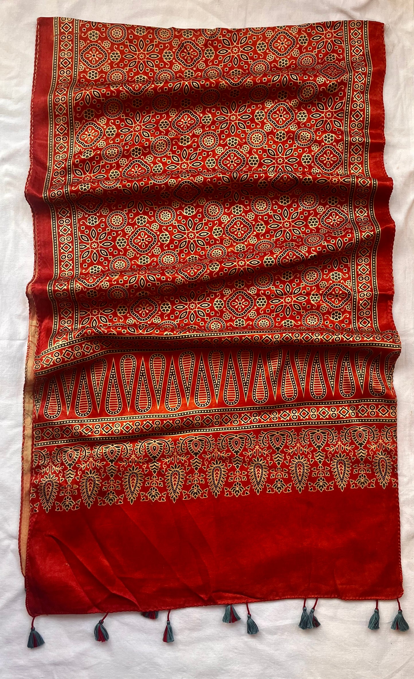 Surkh Lal Small Booti Motif Ajrakh Hand Block Print Mashru Silk Stole with Tassels