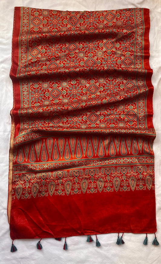 Surkh Lal Small Booti Motif Ajrakh Hand Block Print Mashru Silk Stole with Tassels