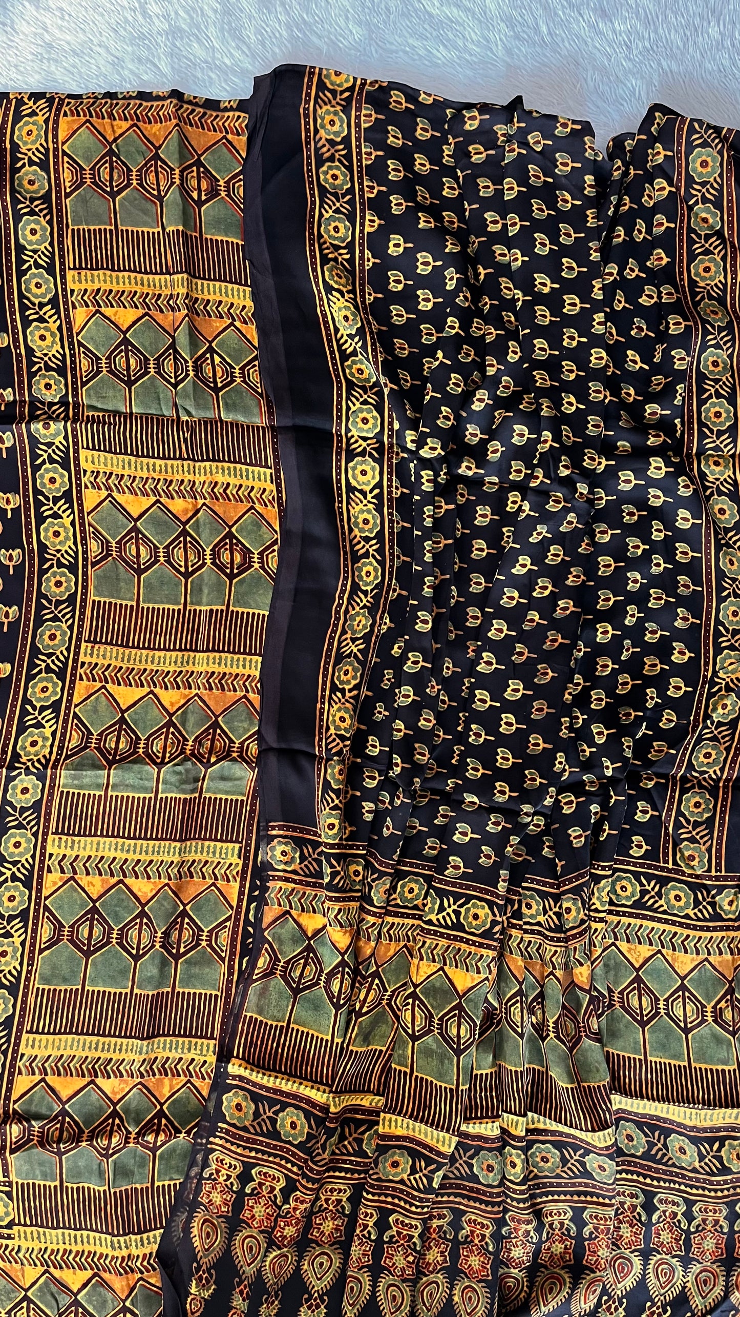 Green and Black Grid and Kamal Motif Modal Silk 2pc Suit Material Set with Modal Silk Dupatta