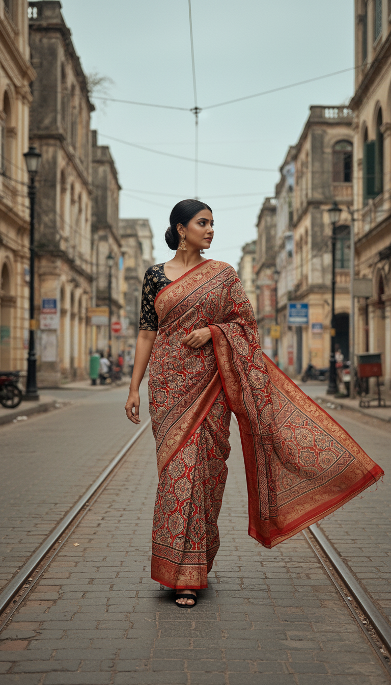 Snigdha Ajrakh Hand Block Dola Silk Zari Pallu Saree With Blouse