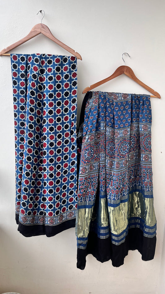 Blue Small Grid Motif Ajrakh Hand Block Natural Dye Modal Silk Lagdi Patti Saree With Blouse