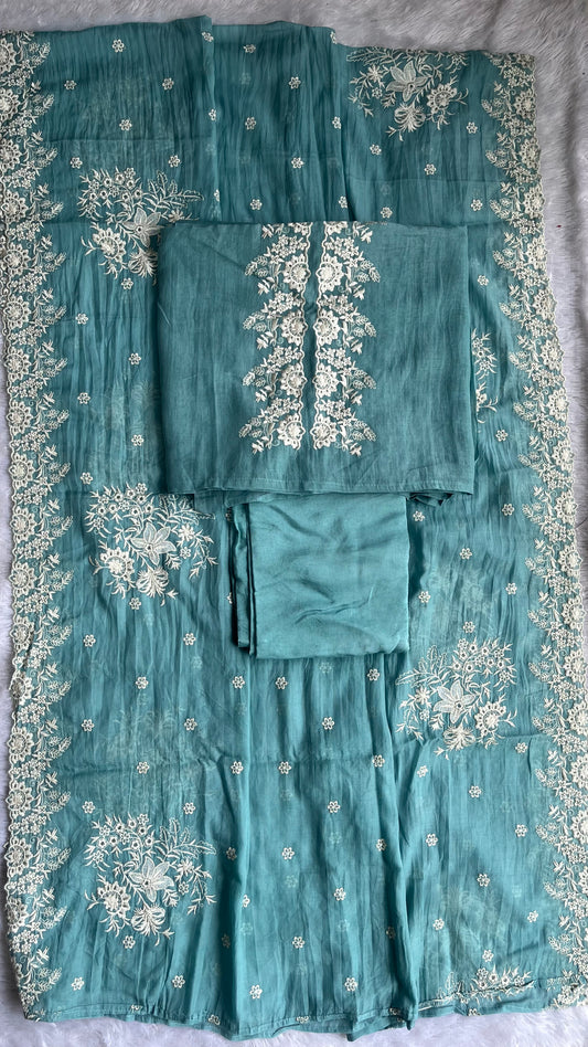 Turquoise Blue Pure Mul Chanderi 3 pc Suit Set with Embroidery on Yoke and Heavy Embroidered Dupatta