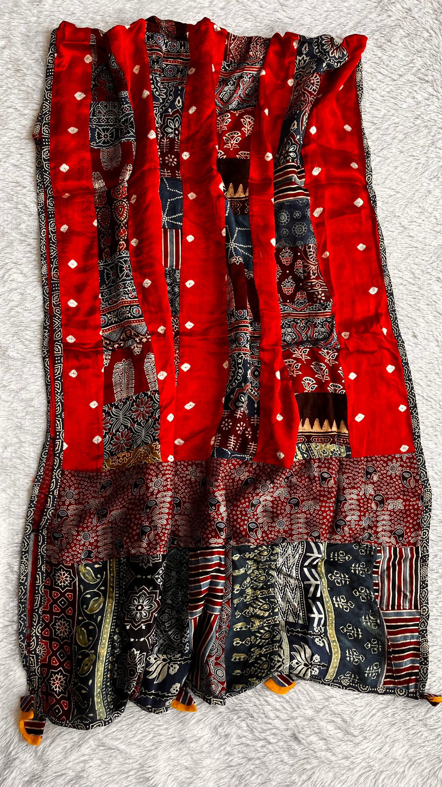 Crimson Glory Handblock Multicoloured Applique Modal Silk Dupatta with Tassels