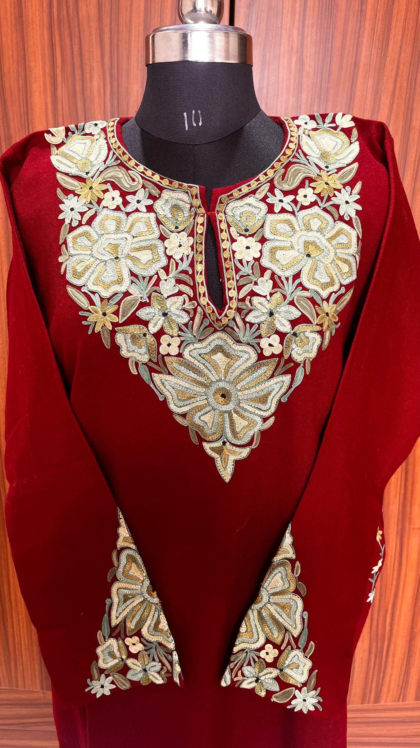 Maroon Shade Aari Hand Embroidered Pure Marino Wool Pheran with Pockets