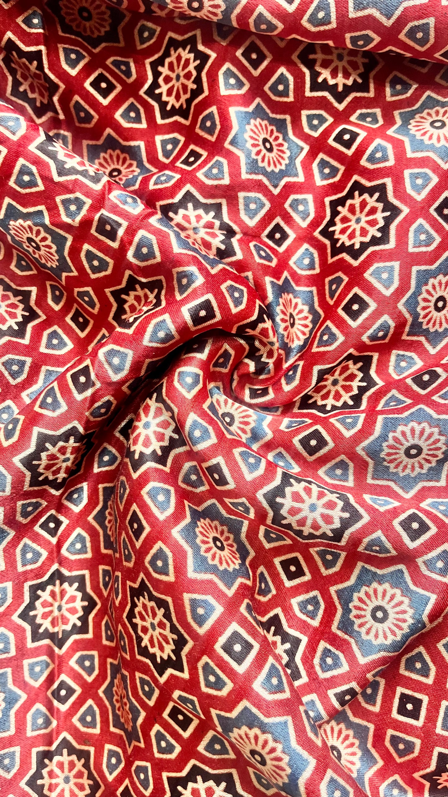 Red Choti Jaal Motif Ajrakh Mashru Silk fabric