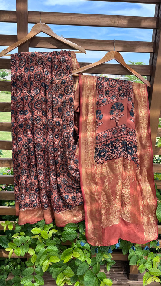 Kesari Jaal Buta Motif Ajrakh Hand Block Dola Silk Saree with Zari Pallu (With Blouse)