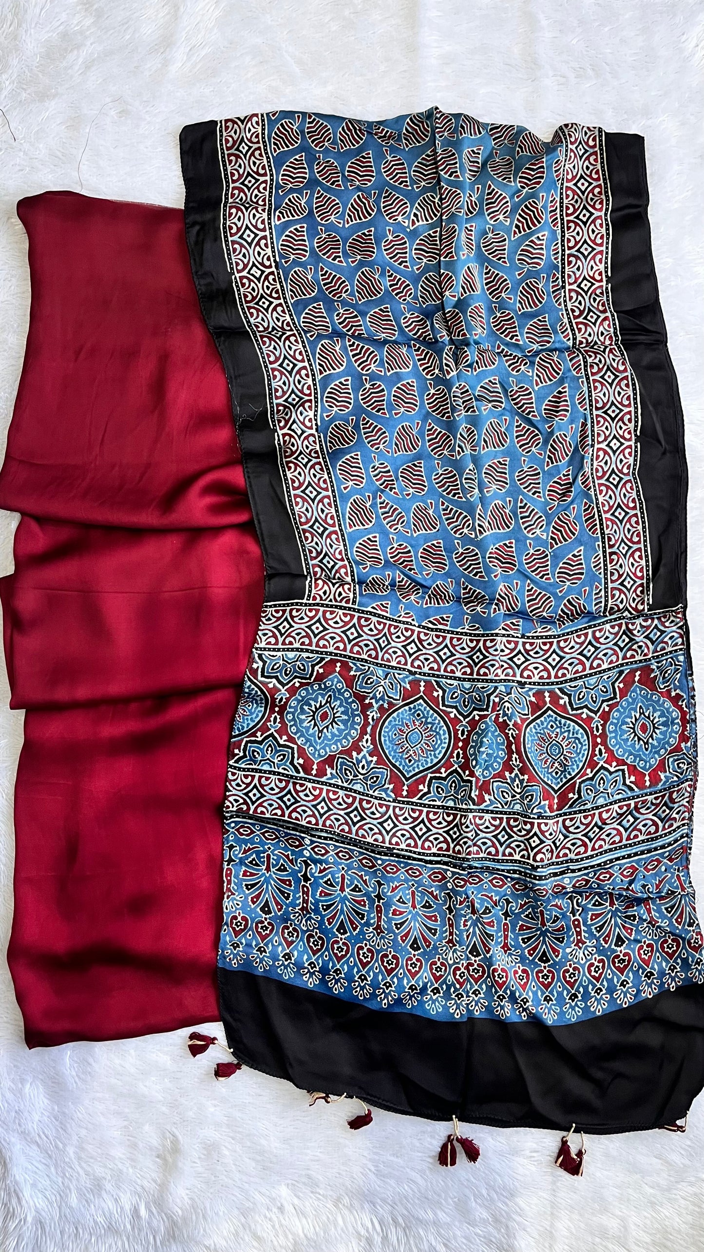 Maroon Solid Shade Modal Silk 2 pc Suit Set with Matching Blue Grid Buta Modal Silk Stole