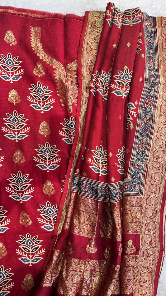 Deep Red Flower Boota Pure Dola Silk Ajrakh Hand Block Print 2pc Suit Material Set with Zari Yoke and Nakkashi Dupatta