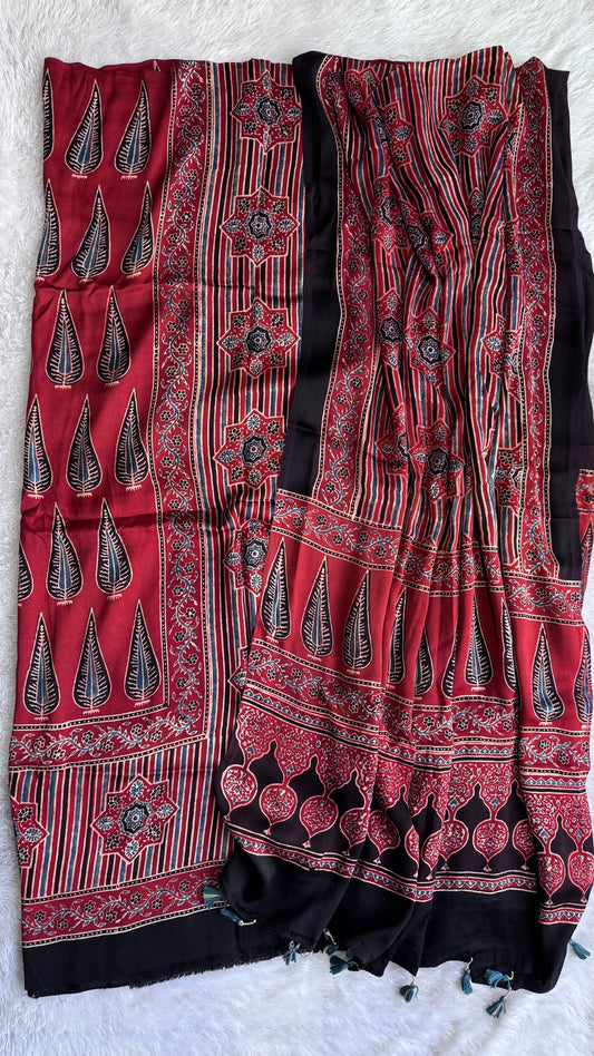 Deep Red Asopallav Pati Buta Modal Silk Ajrakh Natural Dyed Hand Block Print 2pc Suit Material Set