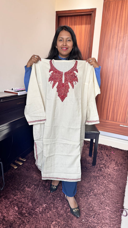 Off White Sozni Hand Embroidered Pure Marino Wool Kashmiri Pheran with Pockets and Hand Embroidered Sleeves (Size 56”)
