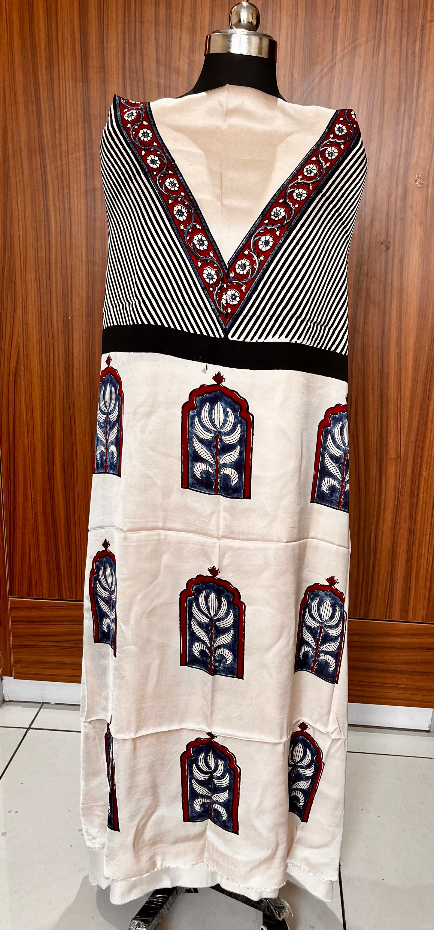 Black and Off White Jharokha Motif Modal Silk Ajrakh Hand Block Print Designer Unstitched Fabric (Kurta Only)