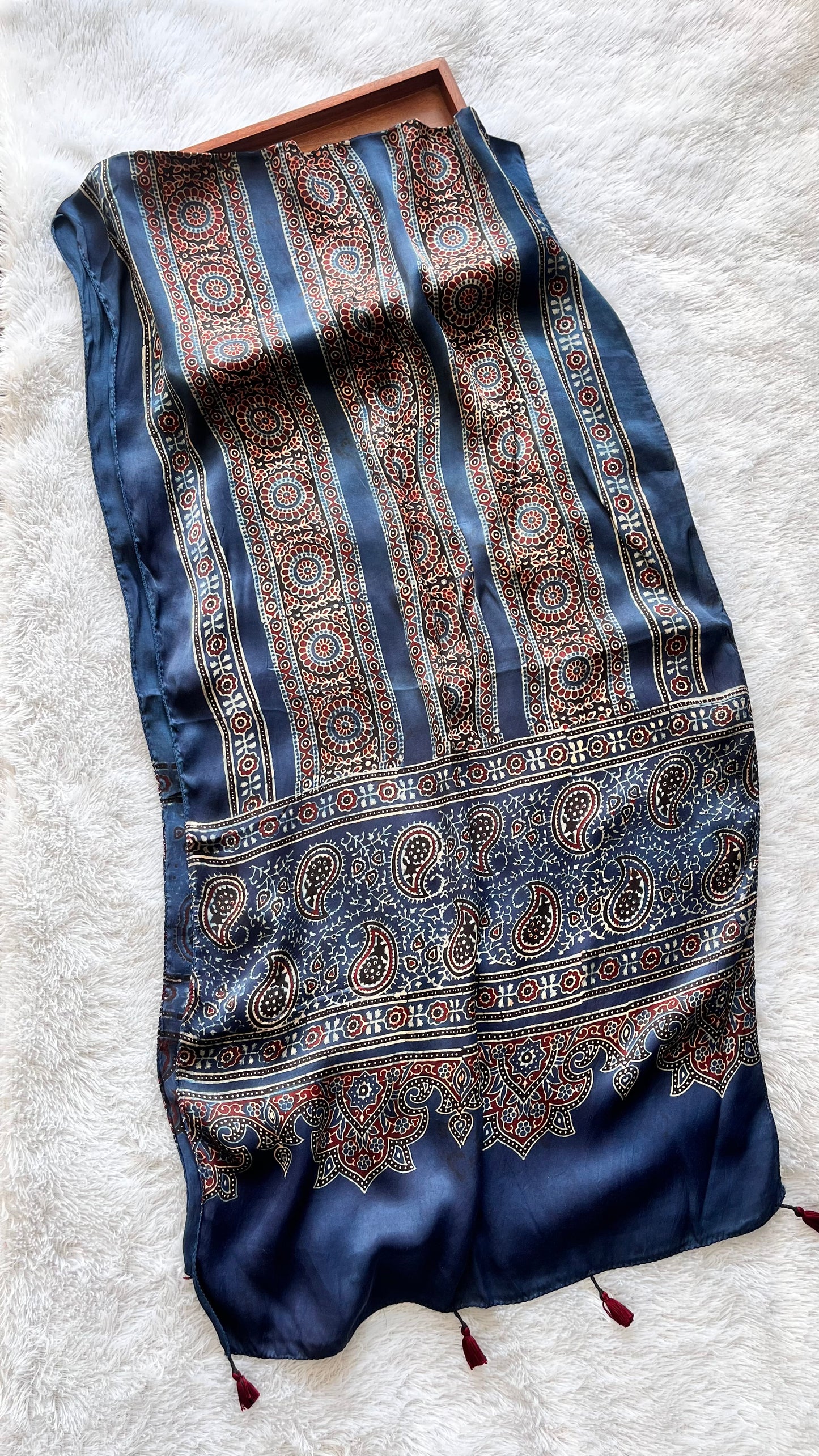 Blue and Black Patti Motif Ajrakh Hand Block Print Modal Silk Stole with Tassels