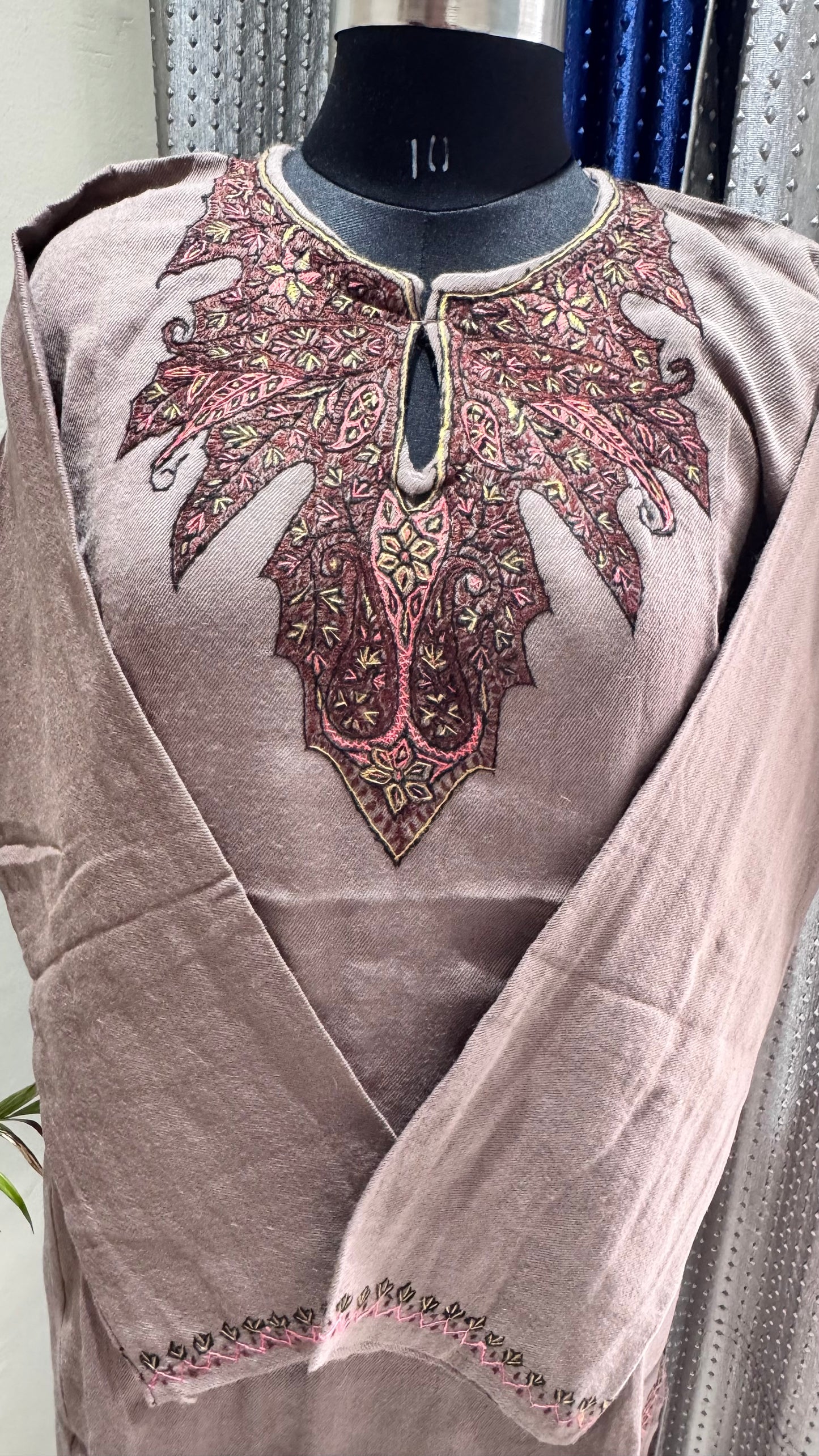 Pashmina Sozni Hand Embroidered Pure Marino Wool Kashmiri Pheran with Pockets and Hand Embroidered Sleeves (Size 50”)