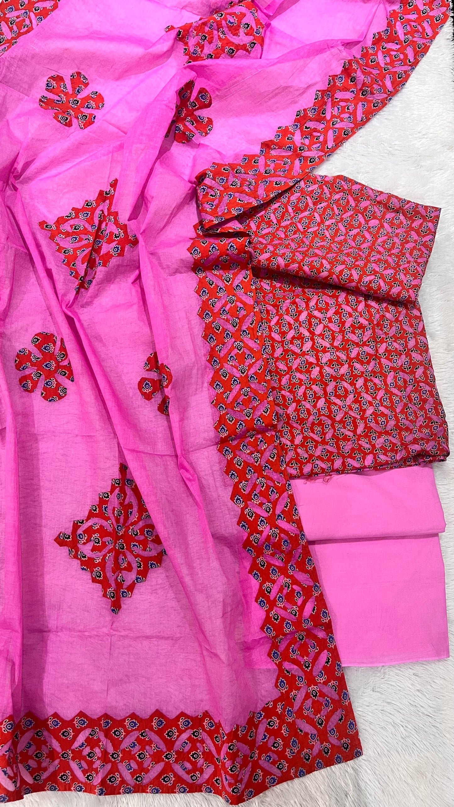 Fanta Orange and Pink Barmer Applique Cut Work 3 pc Cotton Suit Material Set