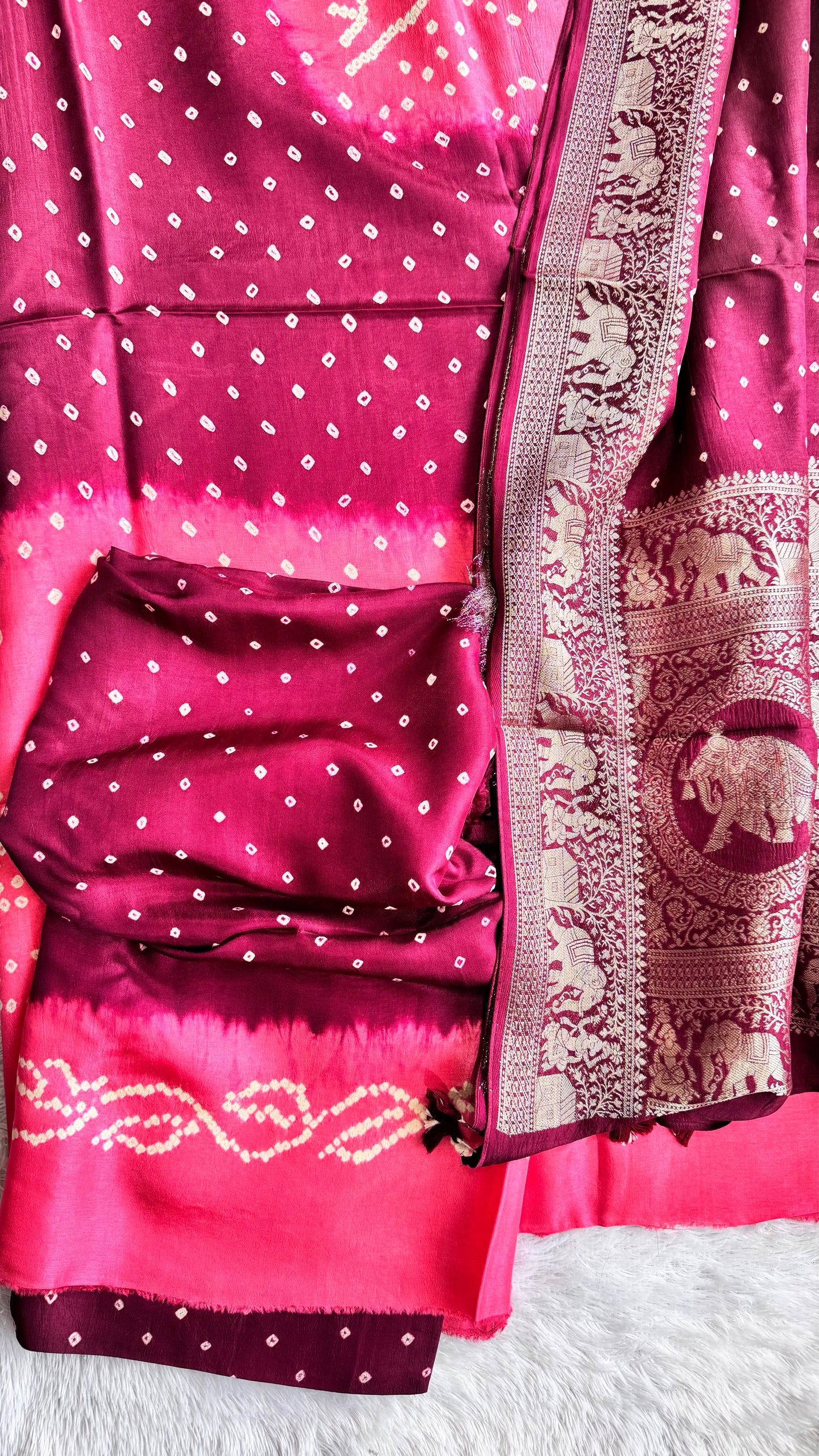 Maroon and Peach Bandhej Pure Dola Silk Ajrakh Hand Block Print 3 pc Suit Material Set with Menakari Yoke and Nakkashi Dupatta and Bottom.