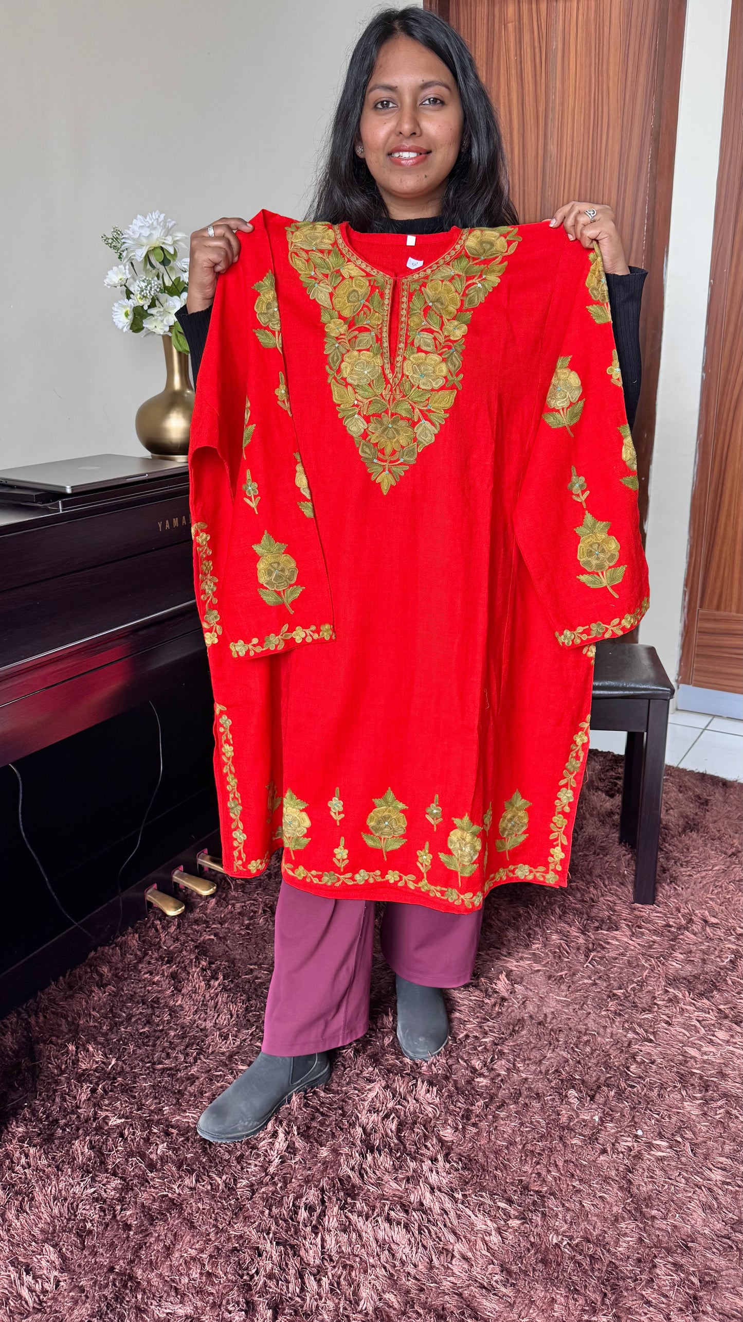Ravishing Red Hand Embroidered Pure Marino Wool Kashmiri Pheran with Pockets and Hand Embroidered Sleeves (Size 56”)