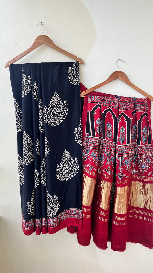 Black and Red Big Boota Ajrakh Hand Block Natural Dye Modal Silk Lagdi Patti Saree With Blouse