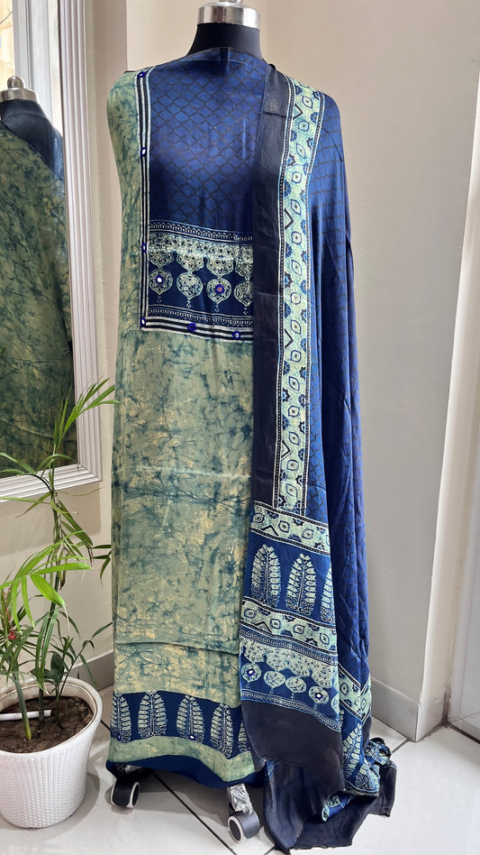 Indigo Asopallav Buta Print Modal Silk Ajrakh Hand Block Print 2pc Suit Material Set with Mirror Work