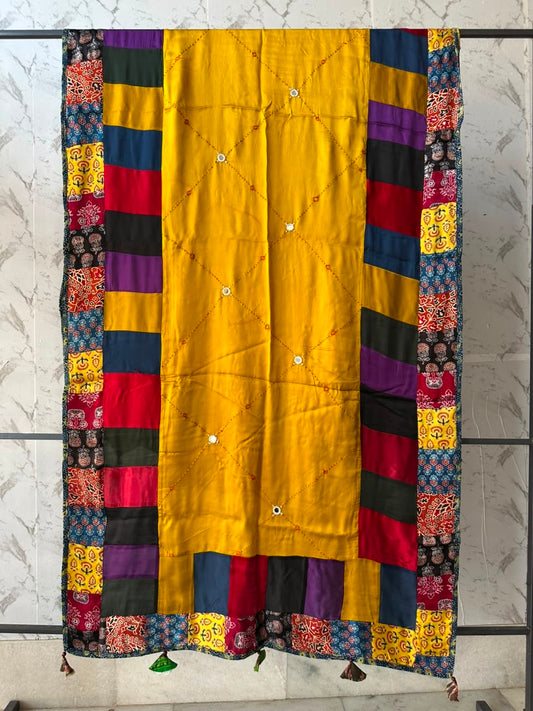 Mustard with Multi coloured Border Modal Silk Ajrakh Patchwork Dupatta with Tassels and Mirror Work