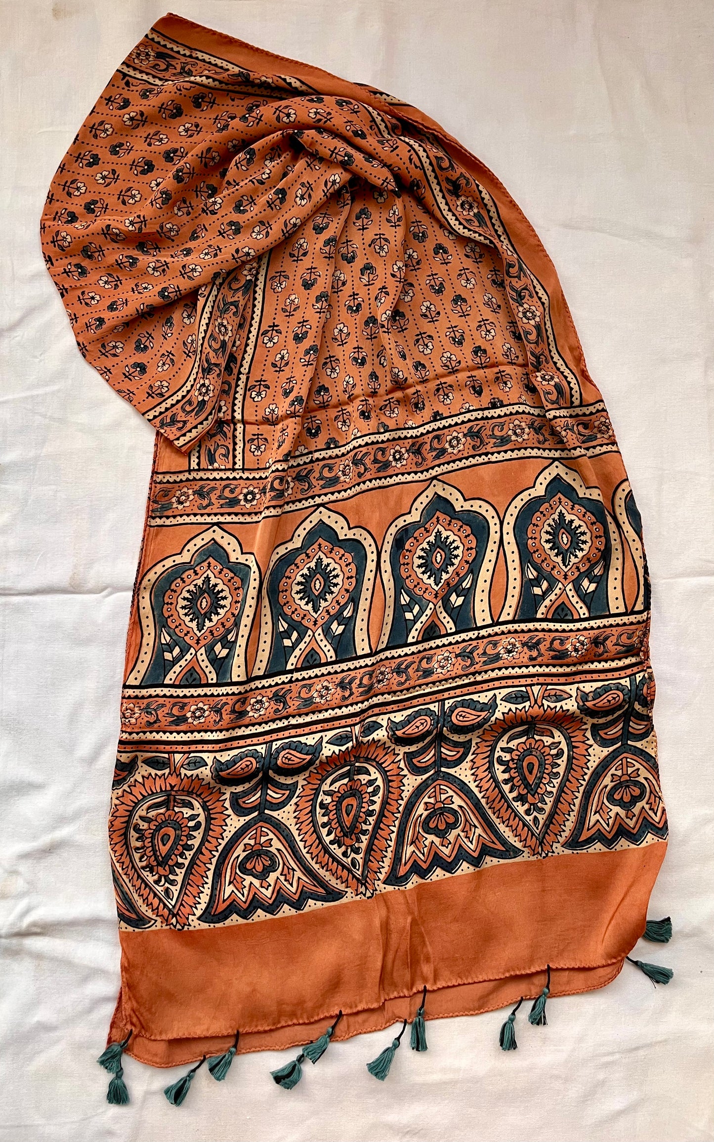 Kesari Choti Booti Ajrakh Hand Block Print Modal Silk Stole with Tassels