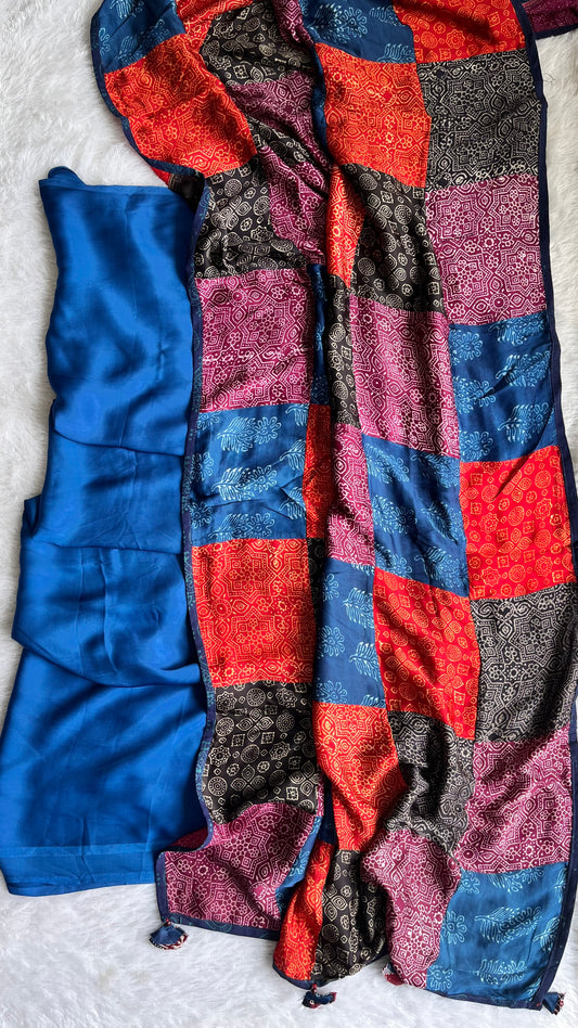 Blue Solid Shade Modal Silk Ajrakh Hand Block Print 2pc Suit Material Set with Applique Work Dupatta