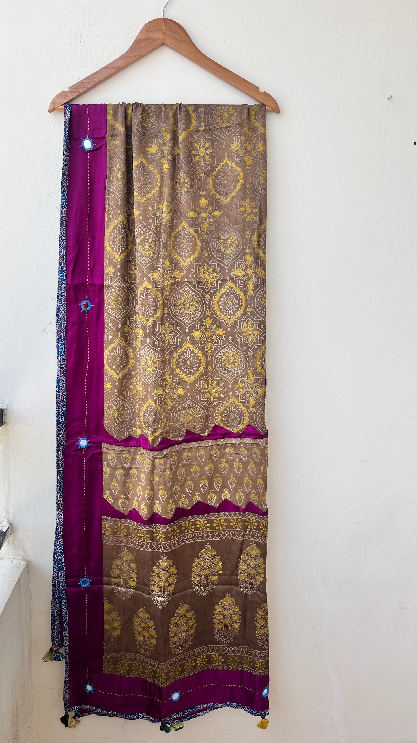 Mitti Shade Ajrakh Applique Patchwork Modal Silk Kantha Work Dupatta with Tassels and Mirror-work