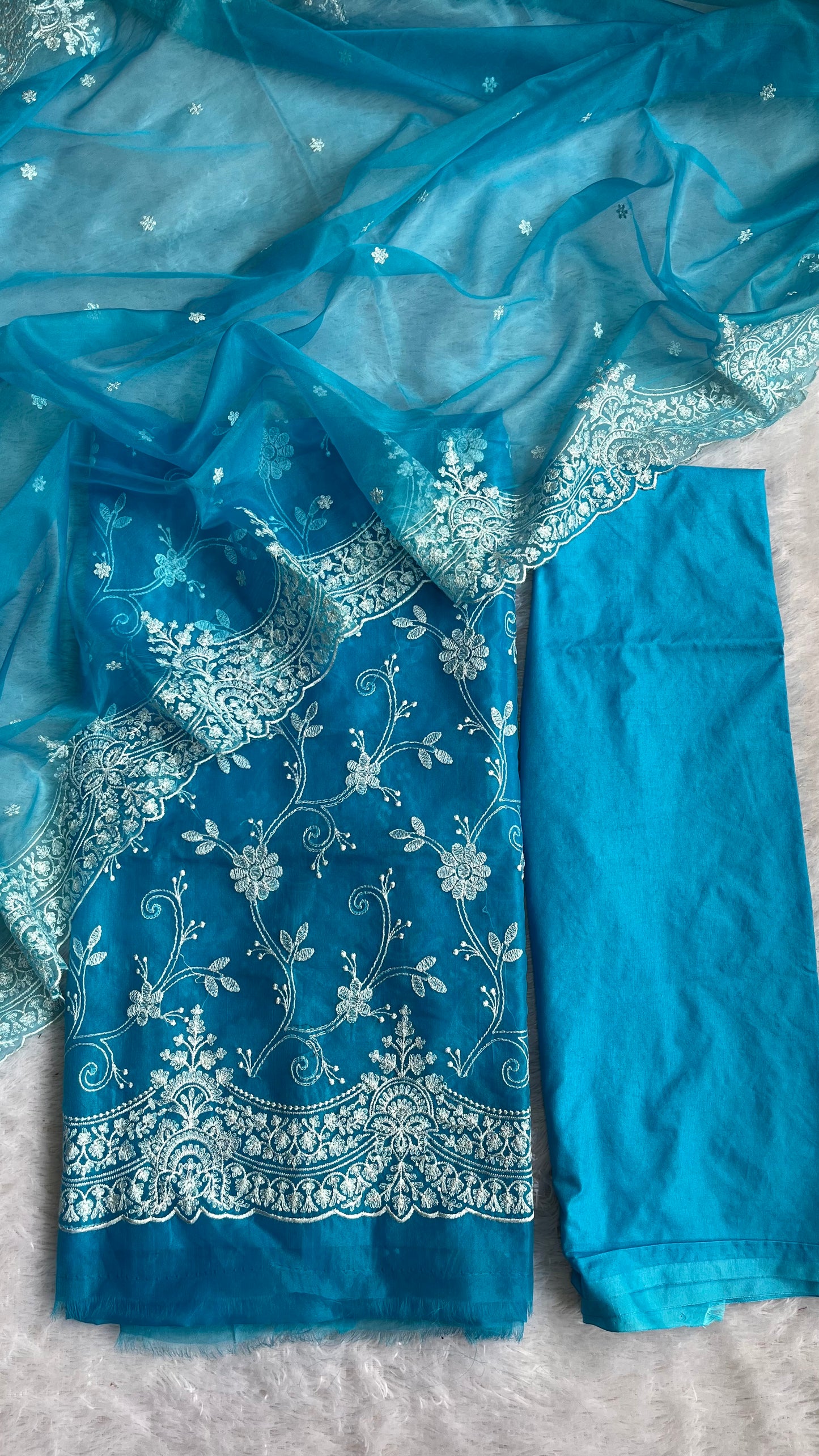 Aqua Blue Blue Banarasi Tissue Silk 3-Piece Suit with Threadwork & Organza Dupatta