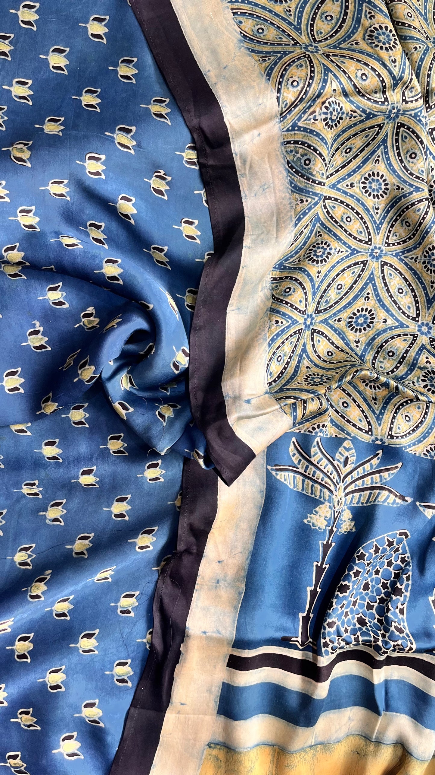 Indigo Blue Kamal Buti Motif Modal Silk Ajrakh Hand Block 2 pc Suit Set (Top and Stole)