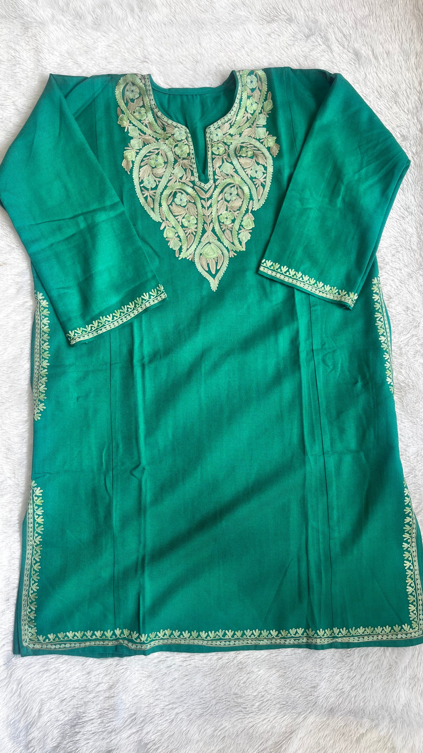 Teal Shade Kashmiri Aari Work Full Embroidered Pheran with Pockets