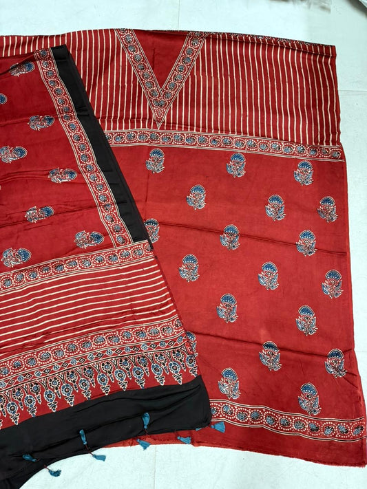 Deep Red Dhaari and Buta Pure Modal Silk Suit Set with Modal Silk Dupatta