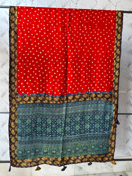 Deep Red Ajrakh Applique Patchwork Modal Silk Kantha Work Dupatta with Tassels and Mirror-work