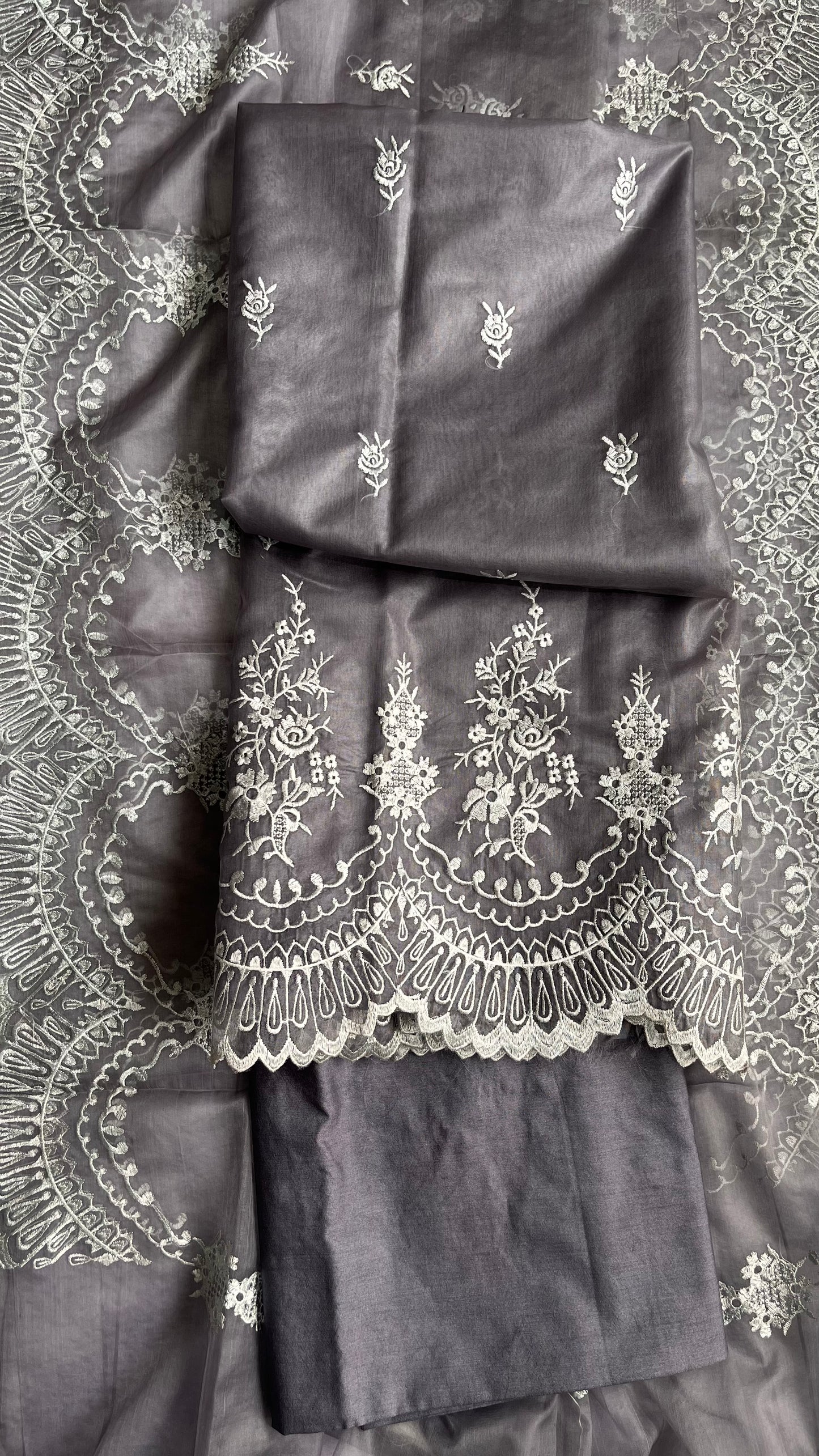 Gracious Grey Shade Banarasi Tissue Silk 3-Piece Suit with Threadwork & Organza Dupatta