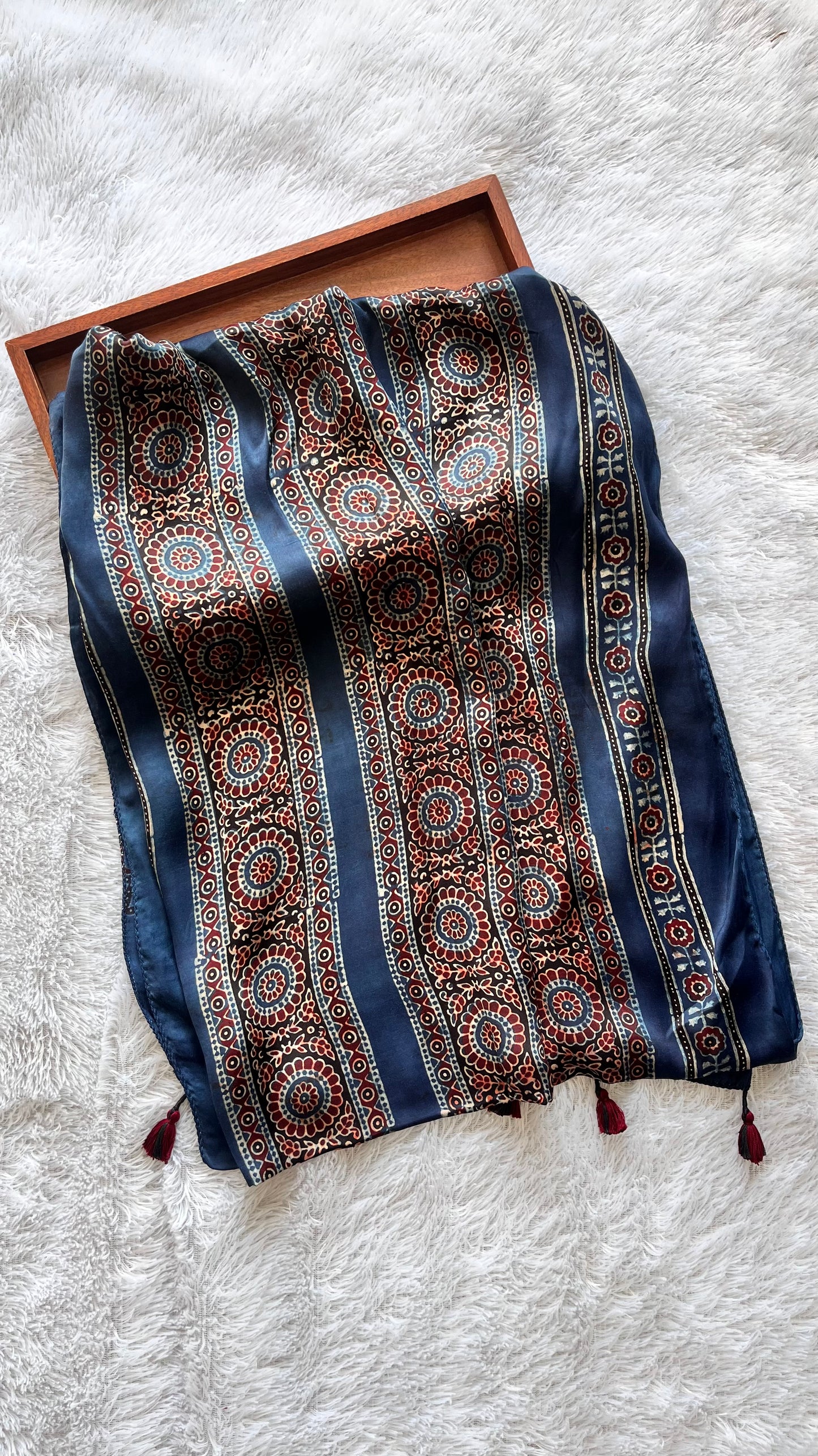 Blue and Black Patti Motif Ajrakh Hand Block Print Modal Silk Stole with Tassels