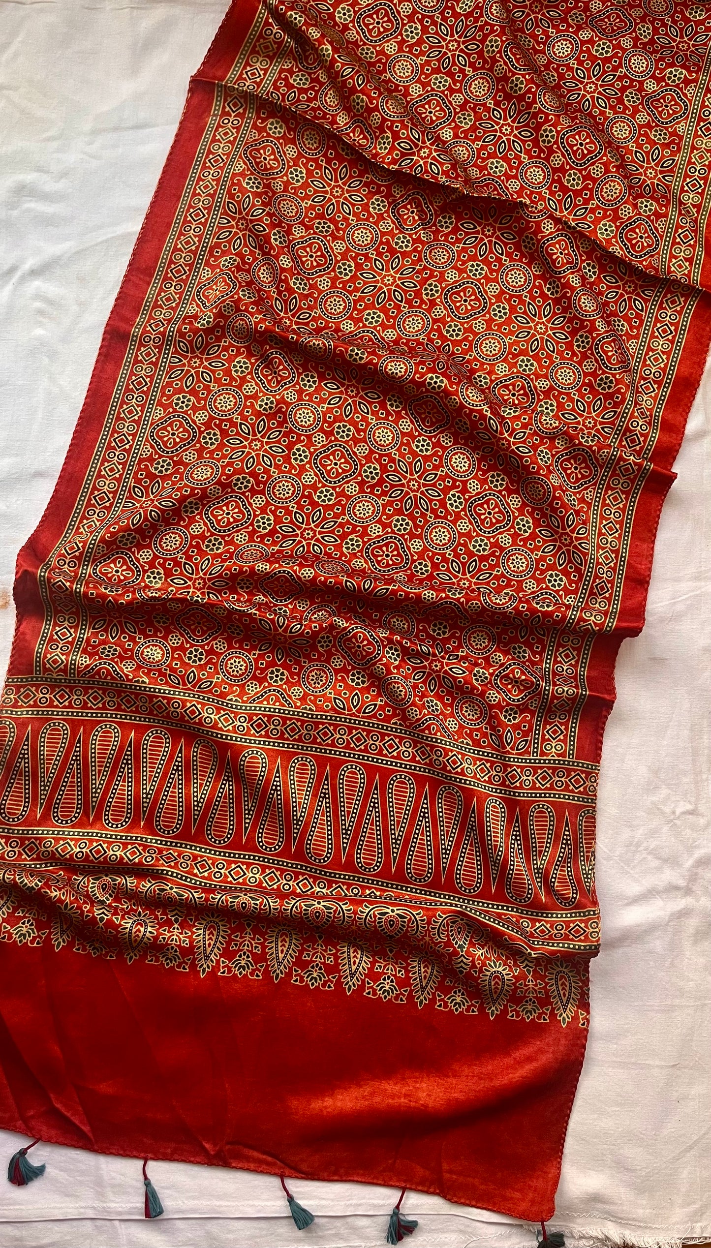 Surkh Lal Small Booti Motif Ajrakh Hand Block Print Mashru Silk Stole with Tassels