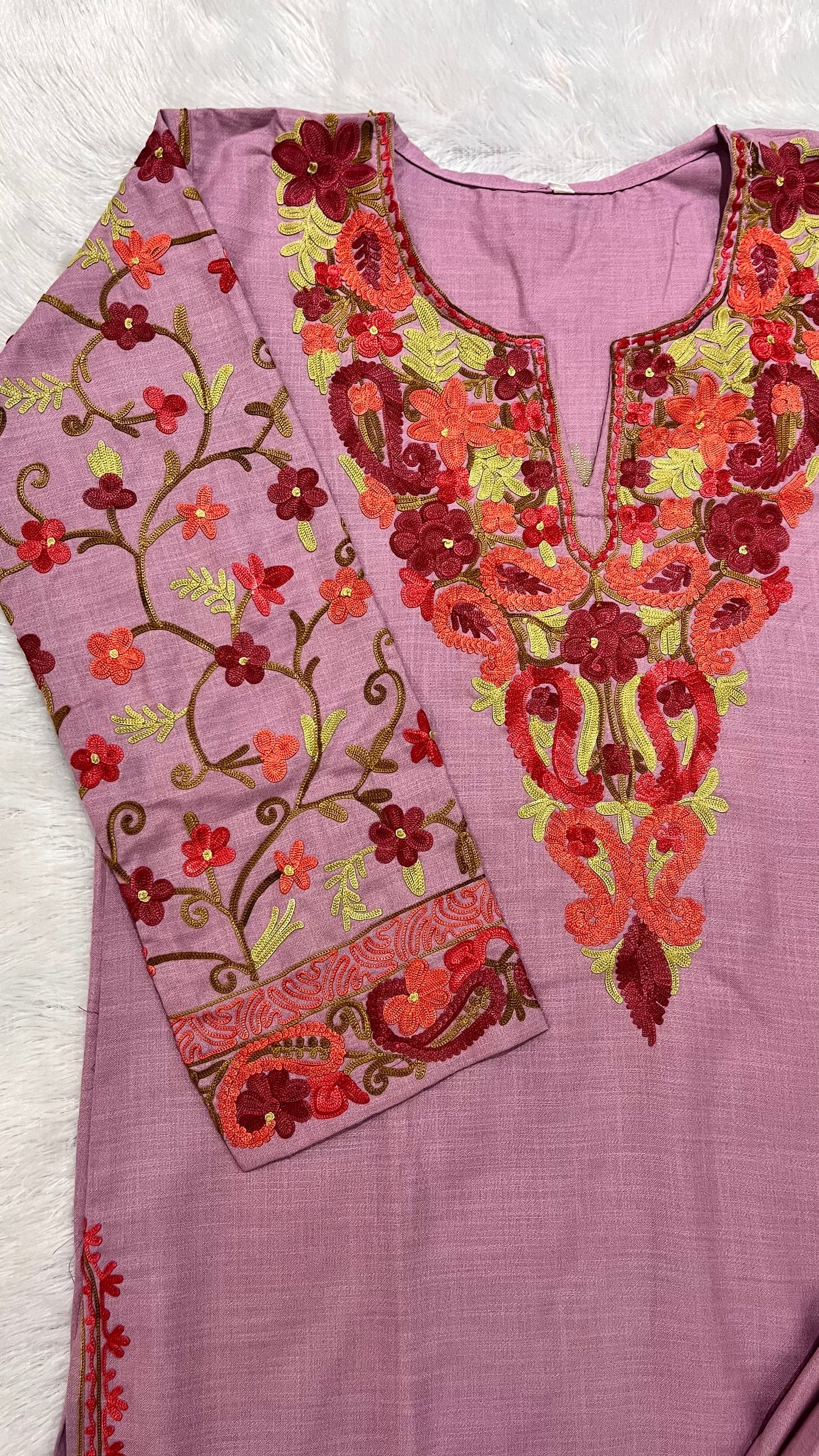 Mauve Floral Print Pure Cotton Kashmiri Embroidery Kurta and Pant Set ( Size 40, 42)