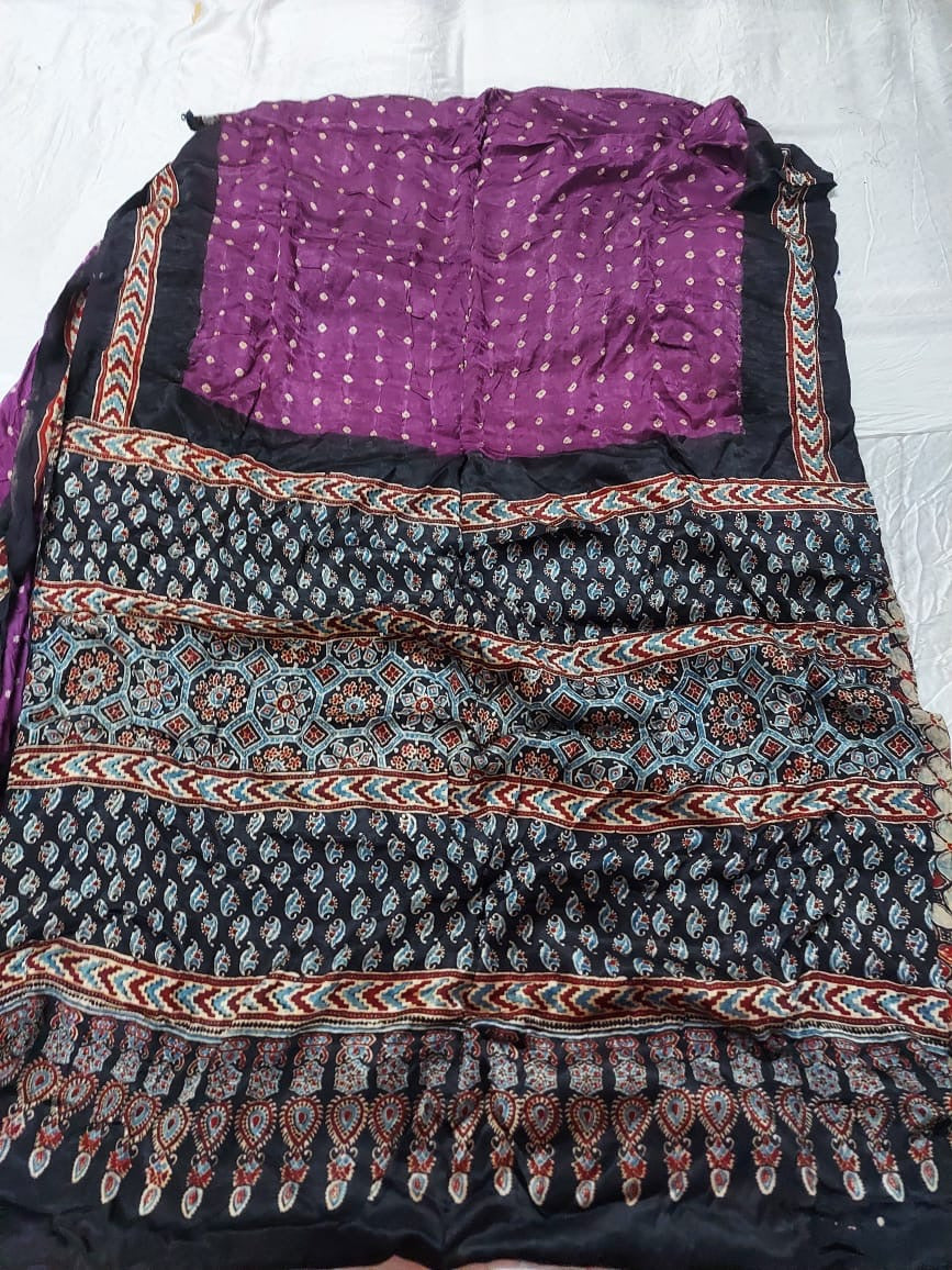 Purple Panache Ajrakh Bandhej Hand Block Saree With Blouse