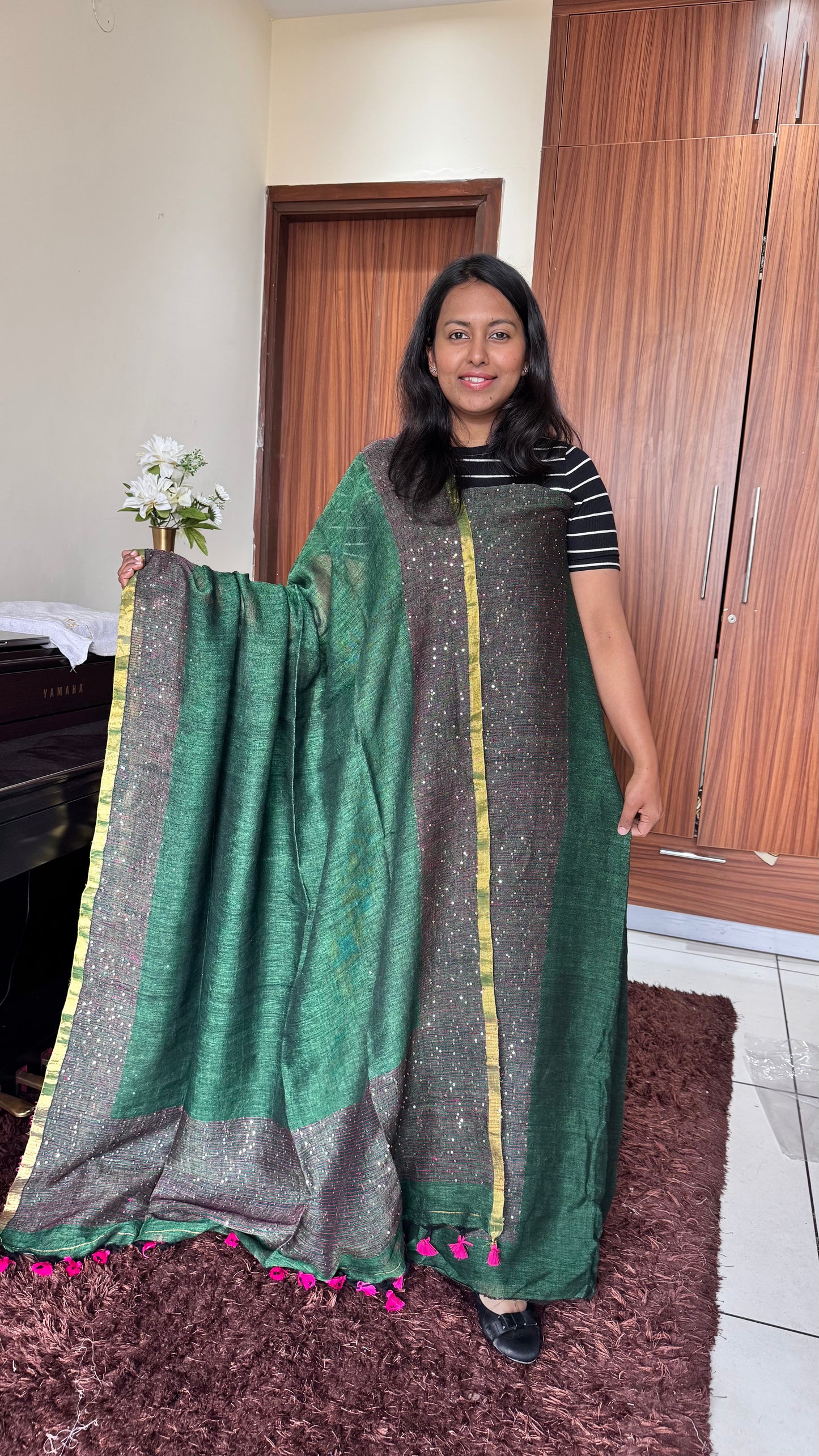 Forest Green Pure Linen on Linen Hand Woven Suit Set with Sequins Work and Tassels