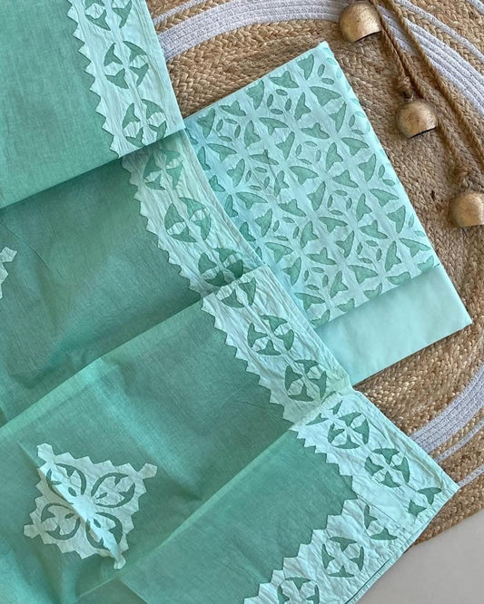 Frosty Mint Shade Barmer Applique Cut Work Cotton 3pc Suit Material Set