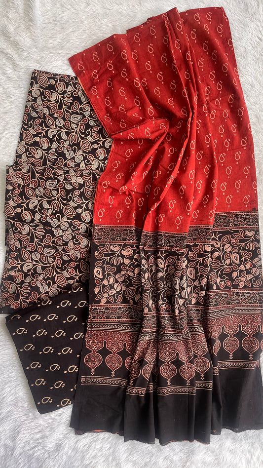 Black and Red Abstarct Booti Motif Ajrakh Unstitched Pure Cotton Suit Set with Cotton Dupatta