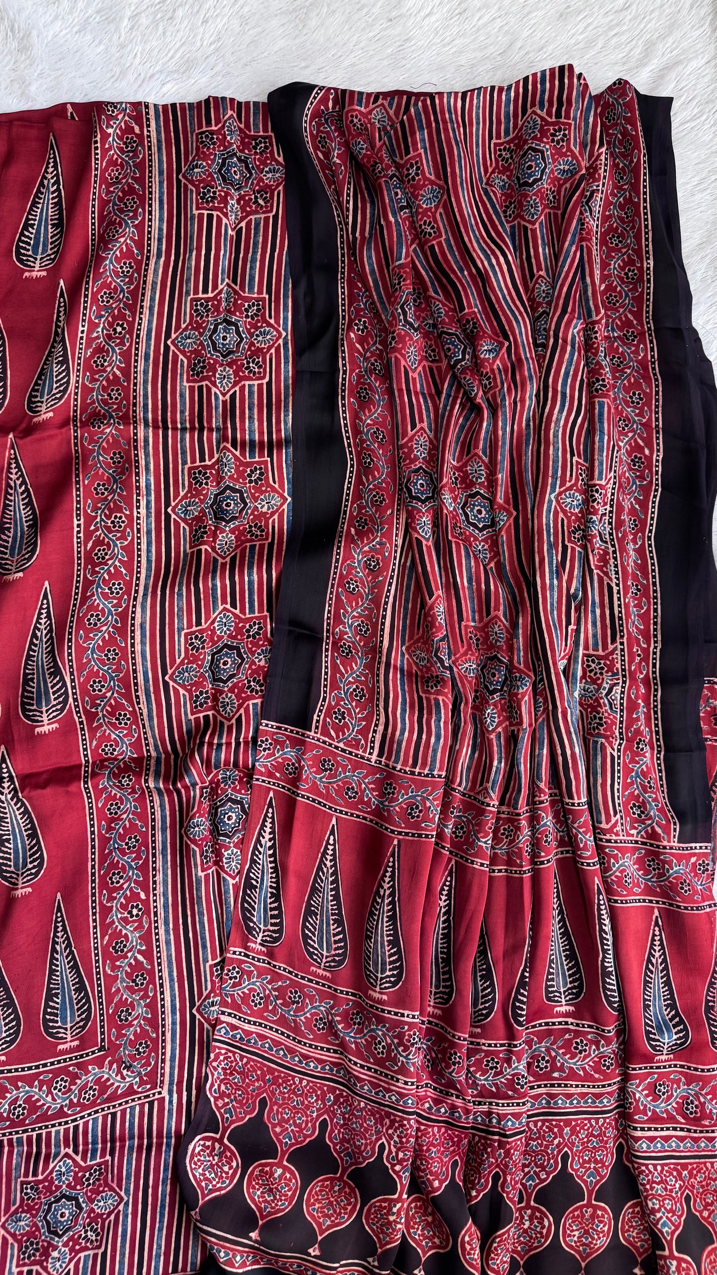 Deep Red Asopallav Pati Buta Modal Silk Ajrakh Natural Dyed Hand Block Print 2pc Suit Material Set