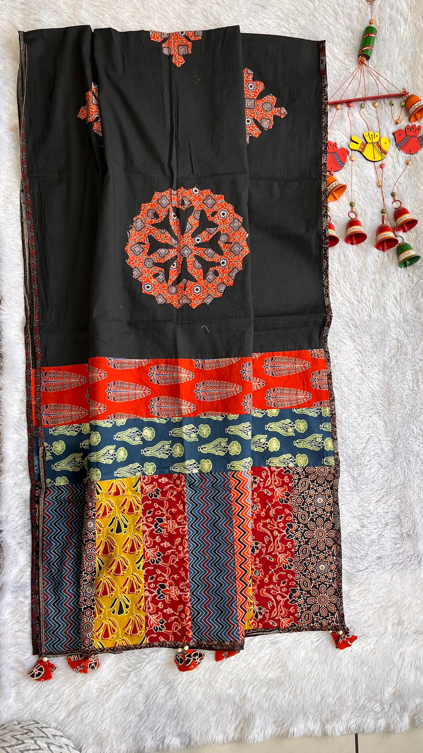 Black Ajrakh Applique Patchwork Cotton Dupatta