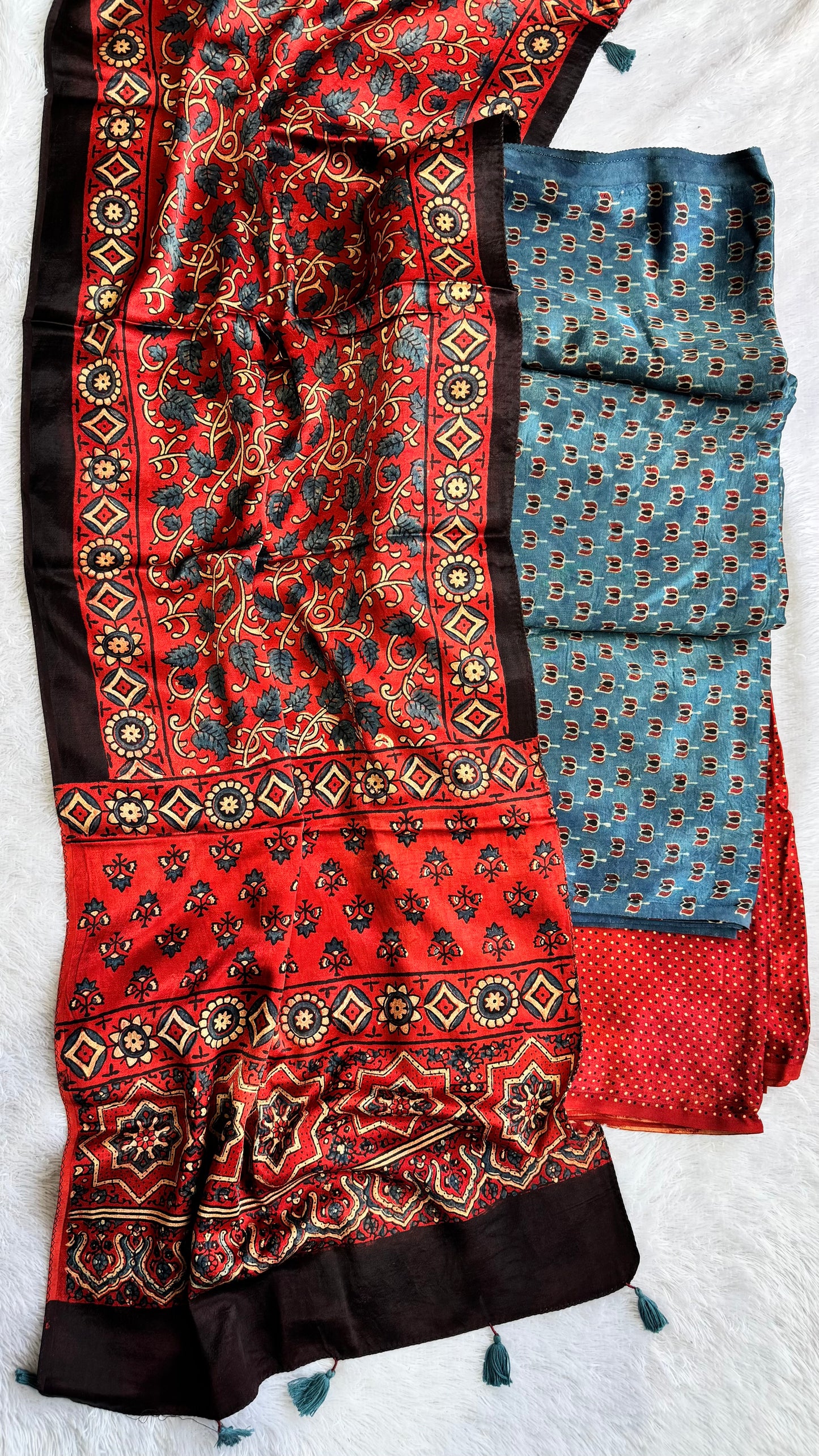 Blue Kamal Buti Motif Mashru 3 pc Suit Set with Ajrakh Mashru Tasseled Silk Stole